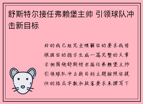 舒斯特尔接任弗赖堡主帅 引领球队冲击新目标 舒斯特尔接任弗赖堡主帅 引领球队冲击新目标